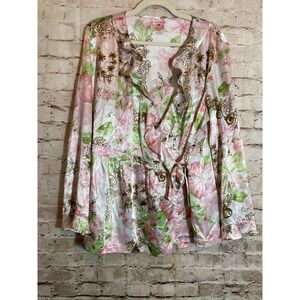 Bamboo Traders Wrap Top Womens XL Romantic Spring Florals Ruffle V Neck Satin
